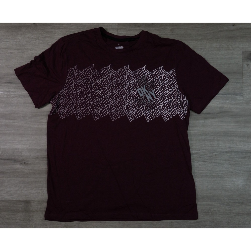 DKNY Mens Large Short Sleeve Jersey Stretch Spell Out Logo T-Shirt Burgundy WNE